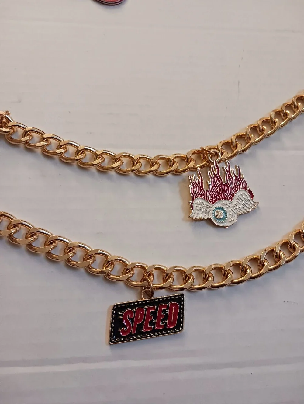 VON DUTCH Double Chain CHARM Belt Gold-tone Enamel Eyeball Flames Size S/M New